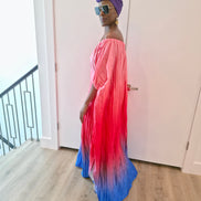 Pleated Ombre Kaftan available in red-green, yellow-pink, and pink-blue gradients, featuring a wide neckline and a flowing Boubou silhouette.