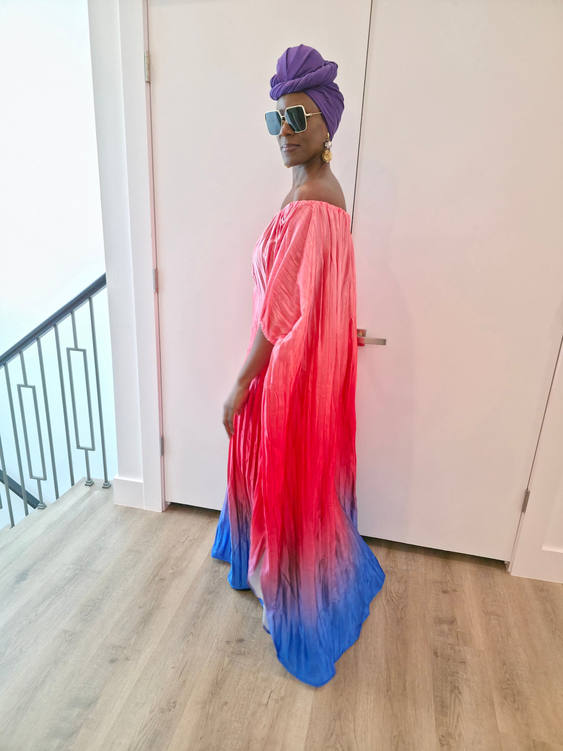 Pleated Ombre Kaftan available in red-green, yellow-pink, and pink-blue gradients, featuring a wide neckline and a flowing Boubou silhouette.