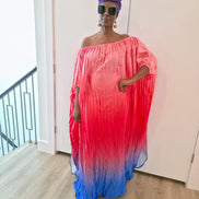 Pleated Ombre Kaftan available in red-green, yellow-pink, and pink-blue gradients, featuring a wide neckline and a flowing Boubou silhouette.