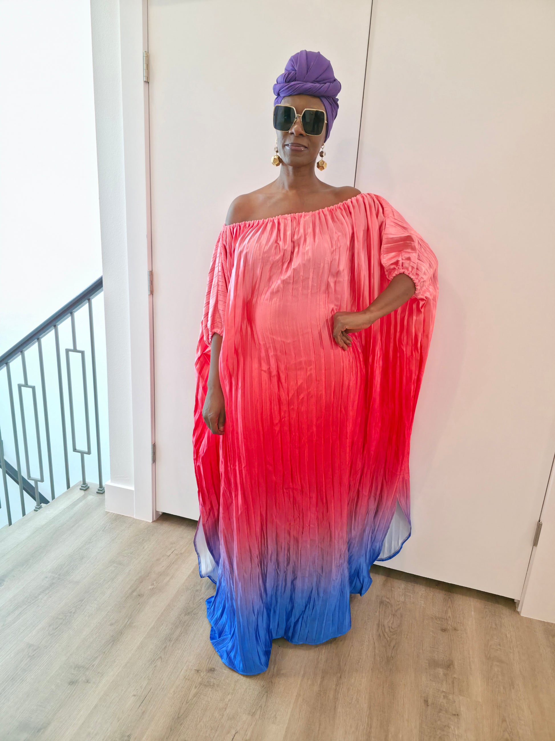 Pleated Ombre Kaftan available in red-green, yellow-pink, and pink-blue gradients, featuring a wide neckline and a flowing Boubou silhouette.