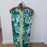 Emerald Paisley Boubou Kaftan with a solid lime-green center panel and a vibrant green, blue, and yellow paisley print. -Women's Casual Wear