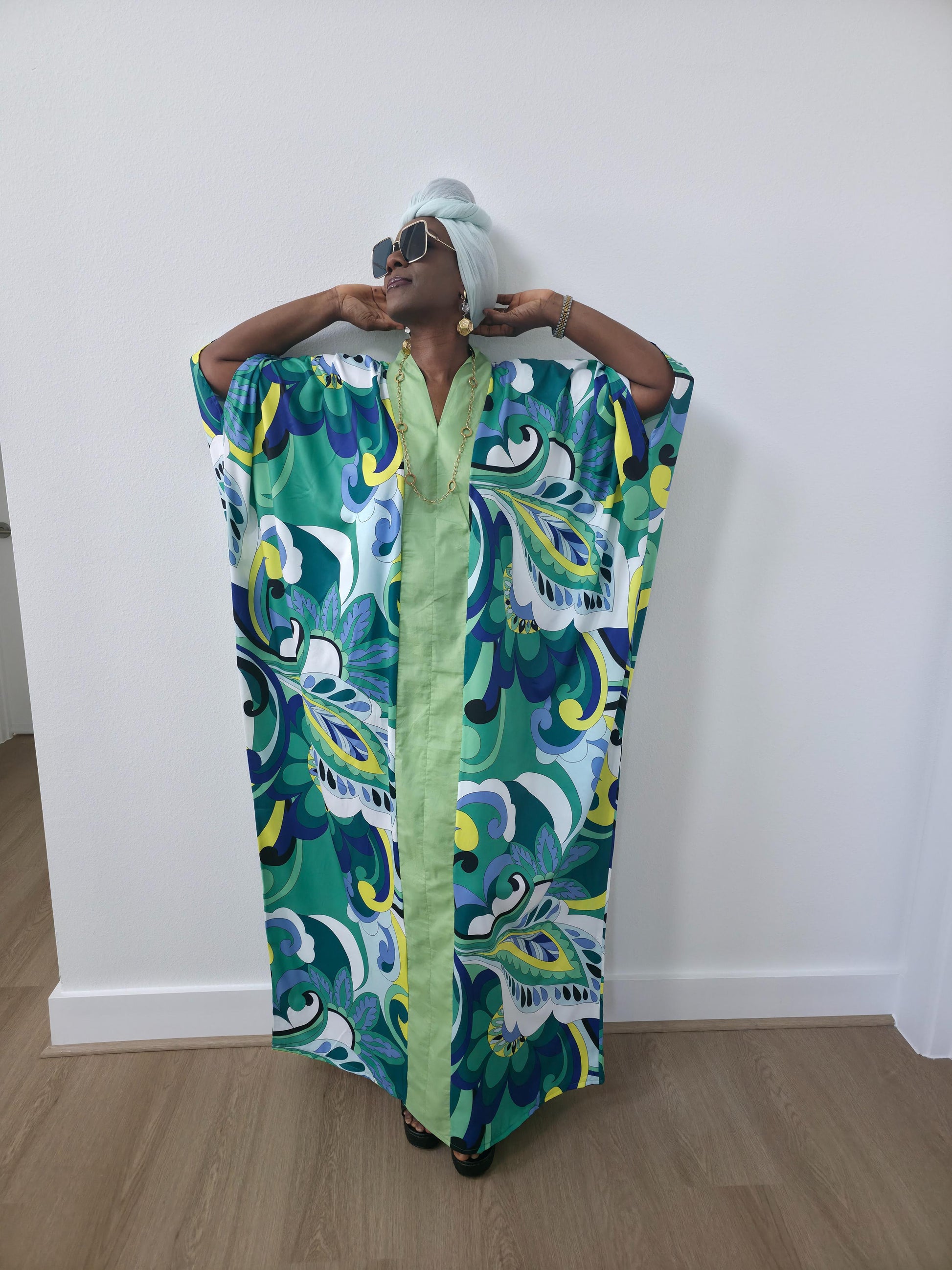 Emerald Paisley Boubou Kaftan with a solid lime-green center panel and a vibrant green, blue, and yellow paisley print. -Women's Casual Wear