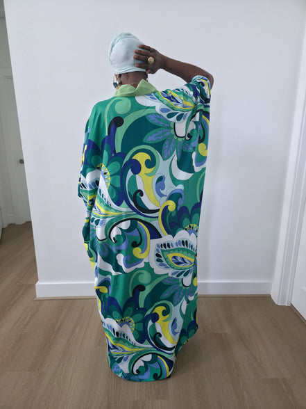 Emerald Paisley Boubou Kaftan with a solid lime-green center panel and a vibrant green, blue, and yellow paisley print. - Full Back View