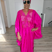 Fuchsia Brilliance Boubou Kaftan in deep pink silk-satin with an intricate gold embroidered V-neckline. Close Up