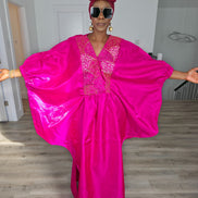 Fuchsia Brilliance Boubou Kaftan in deep pink silk-satin with an intricate gold embroidered V-neckline. Women's Wear