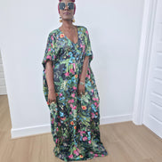 Green floral boubou kaftan featuring a vibrant pink and blue botanical pattern with a flowing, floor-length silhouette.-Women's Casual Wear