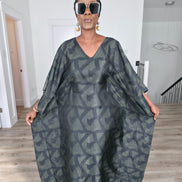 Shadowed Flint Boubou Kaftan featuring a dark grey and black geometric abstract print with a matching black headwrap. Women's Wear