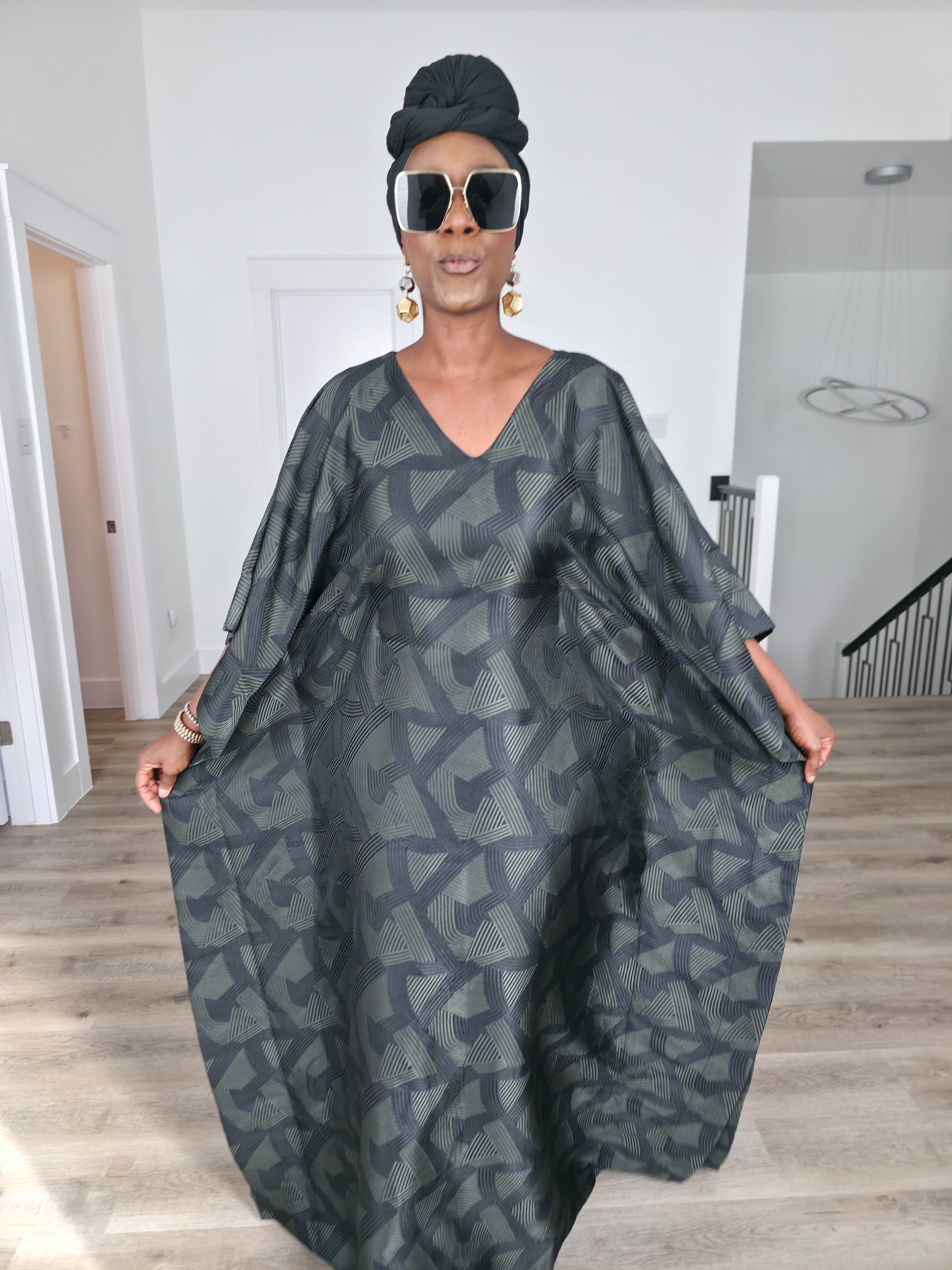 Shadowed Flint Boubou Kaftan featuring a dark grey and black geometric abstract print with a matching black headwrap. Women's Wear