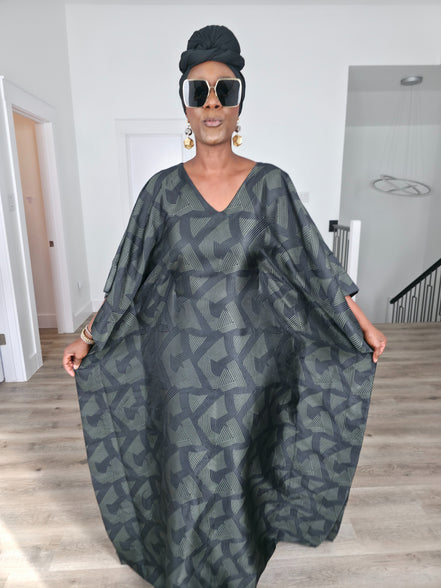 Shadowed Flint Boubou Kaftan featuring a dark grey and black geometric abstract print with a matching black headwrap. Women's Wear