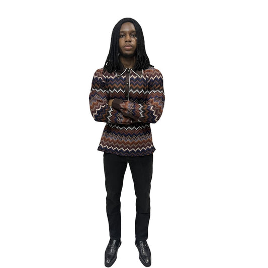 Long Sleeve Shirt featuring an intricate earth-tone zigzag pattern, a dark brown contrasting pointed collar with white piping, and a button-down front.