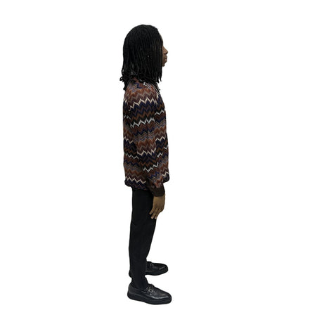 Long Sleeve Shirt featuring an intricate earth-tone zigzag pattern, a dark brown contrasting pointed collar with white piping, and a button-down front.