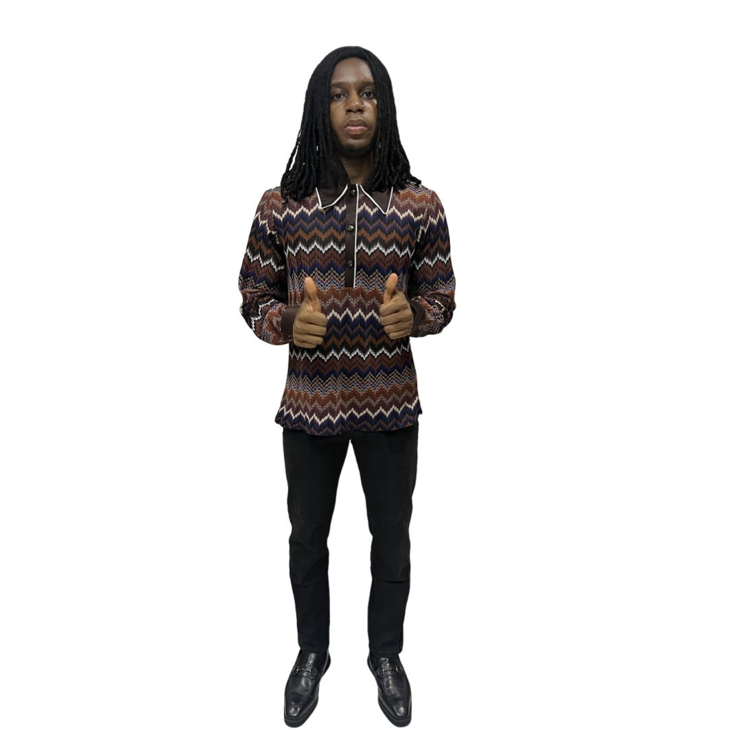 Long Sleeve Shirt featuring an intricate earth-tone zigzag pattern, a dark brown contrasting pointed collar with white piping, and a button-down front.