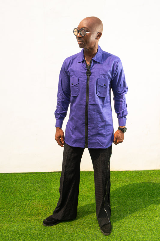 Long Sleeve Shirt featuring a vibrant royal blue cotton tunic with a prominent black central zipper, two chest pockets, and a classic collar.
