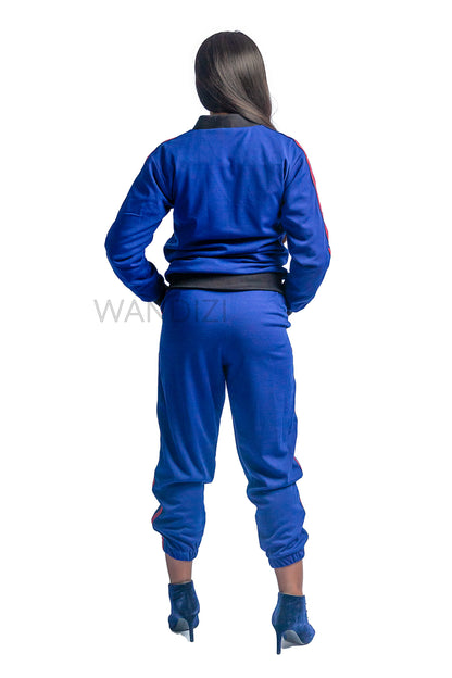 Blue Bomber Jacket and Jogger Pants with Side Stripe Accents