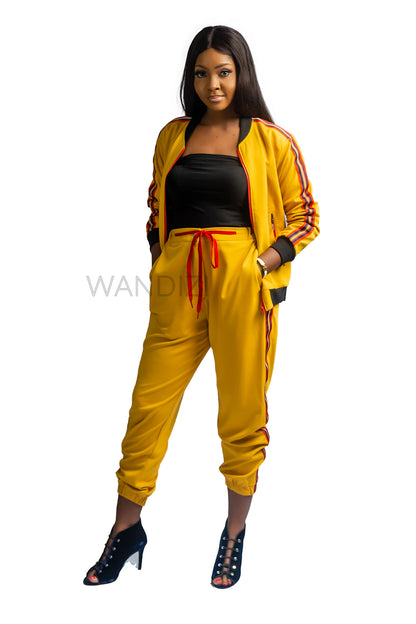 Yellow Bomber Jacket and Jogger Pants with Side Stripe Accents