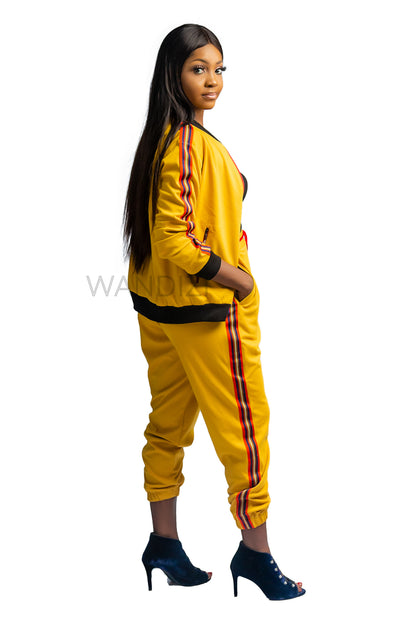 Yellow Bomber Jacket and Jogger Pants with Side Stripe Accents