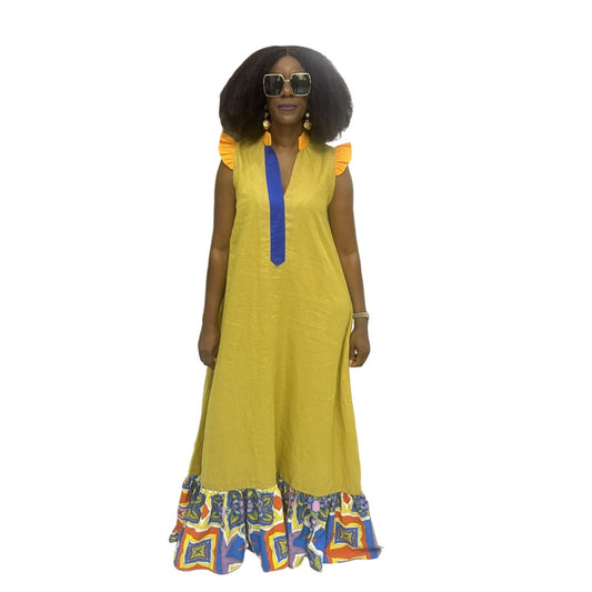 Maxi Dress featuring a mustard yellow body with blue neck detail, orange ruffled sleeves, and a colorful patterned tiered hem.