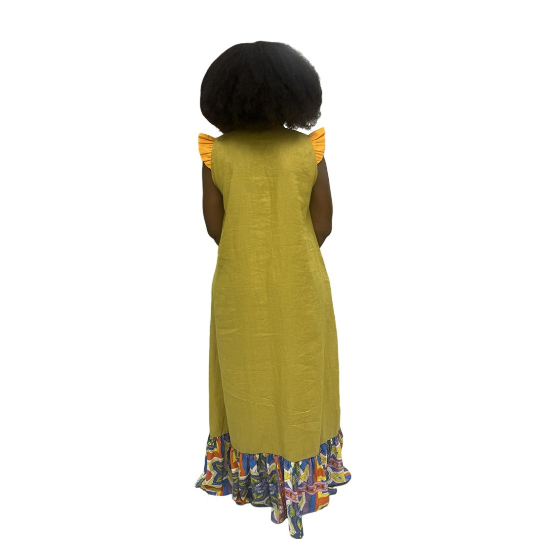 Maxi Dress featuring a mustard yellow body with blue neck detail, orange ruffled sleeves, and a colorful patterned tiered hem.