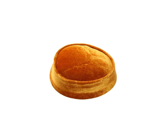 Nze Cap featuring a vibrant marigold orange velvet body and a classic oval-shaped crown