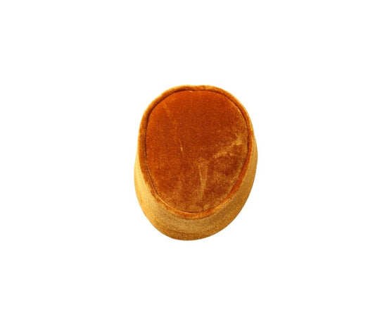Nze Cap featuring a vibrant marigold orange velvet body and a classic oval-shaped crown