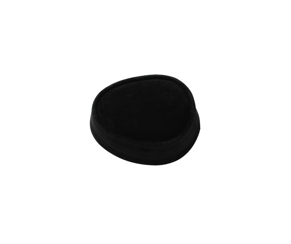 Nze Cap featuring a solid midnight black velvet finish, an oval top, and a seamless wrap-around brim.