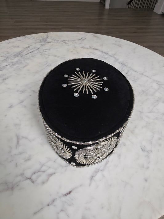 Beaded Ozo Cap featuring black velvet, circular silver beadwork embroidery, and shimmering stone accents.