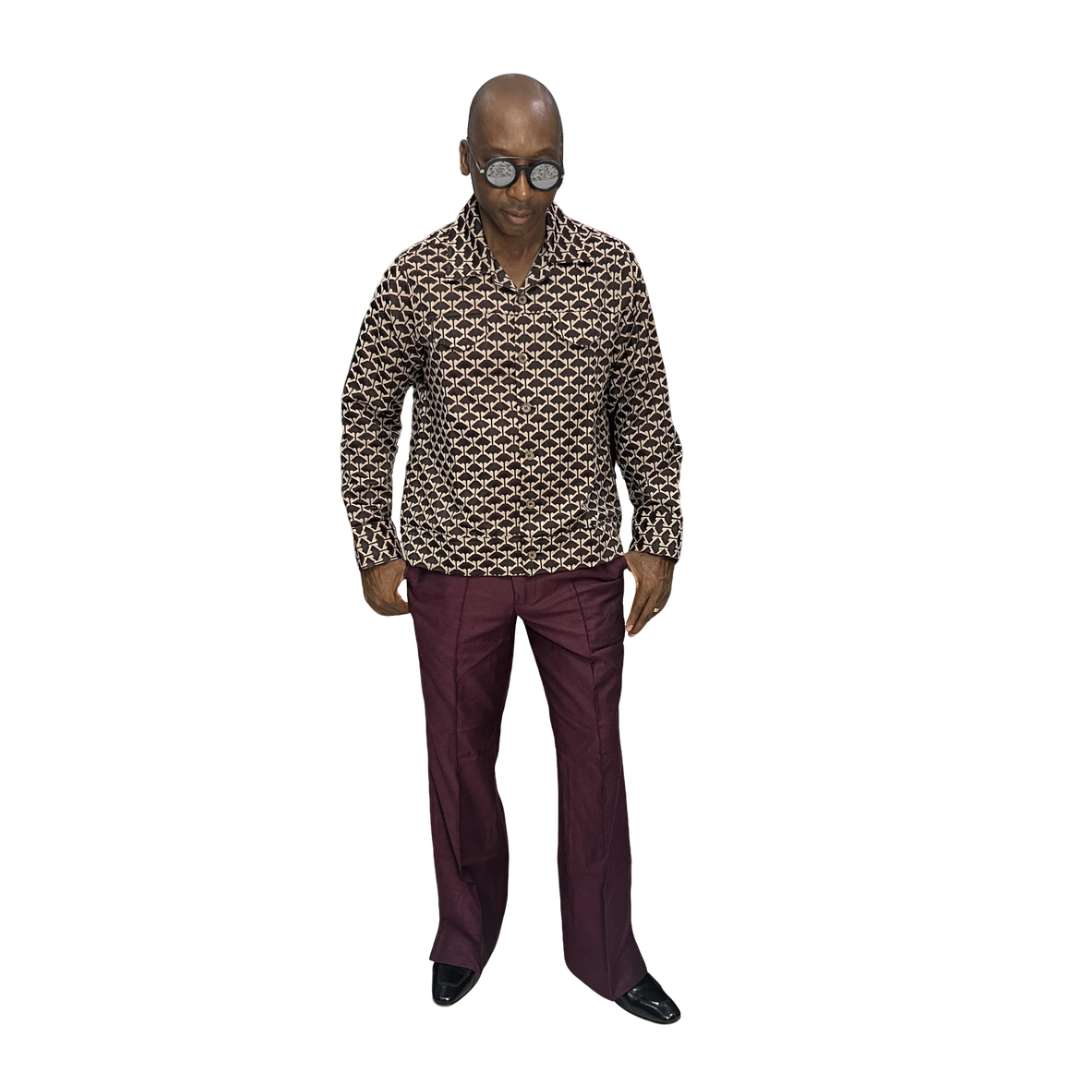 Red and Brown Jacket With Matching boot cut Pants.