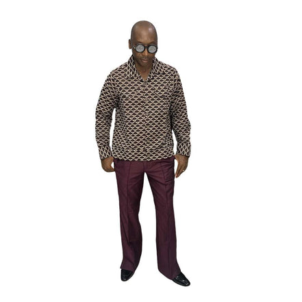 Red and Brown Jacket With Matching boot cut Pants.