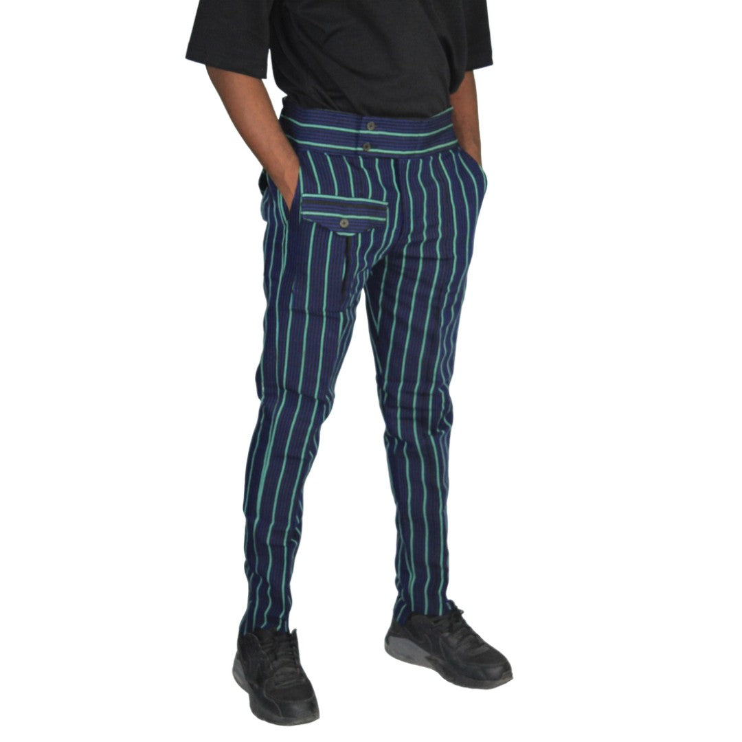 Dark Blue & Green Trendy Aso-Oke Pants with Patch Pockets, African Mens Clothing, African Mens Wear