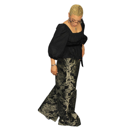 Black And Silver Mix Wide Leg Jacquard/Damask Pants