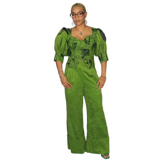 Green Wide Cut Pants with Ankara Overlay Marching Top