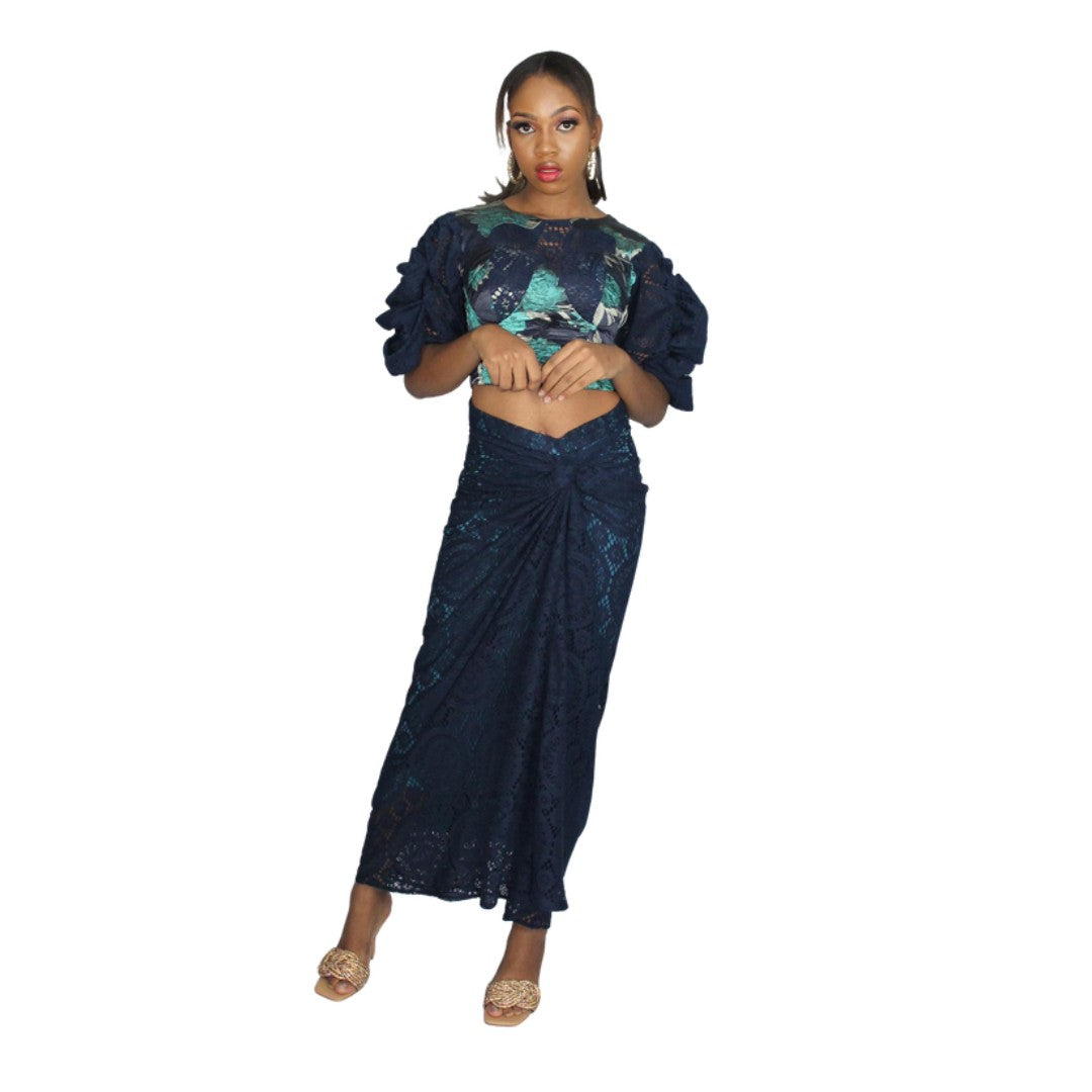 Damask Lace Crop Top and Ruched Lace Skirt, Lace Skirt, Jacquard Top