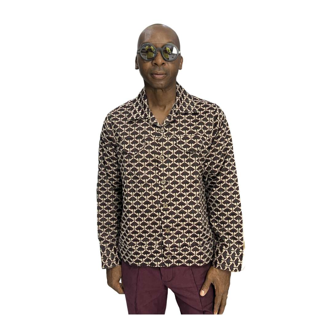 Red and Brown Jacket With Matching boot cut Pants.