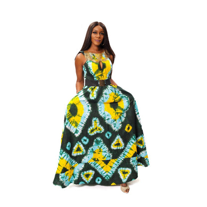 Ankara Maxi Dress with Neck Beading, African Print Long Dress, Ankara Maxi Dress