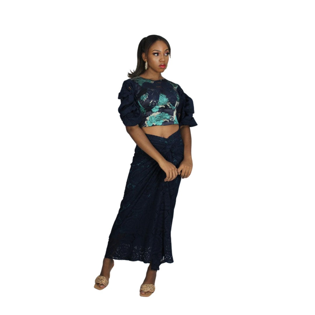 Damask Lace Crop Top and Ruched Lace Skirt, Lace Skirt, Jacquard Top