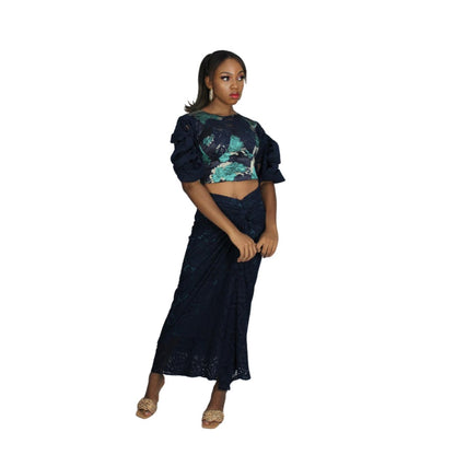 Damask Lace Crop Top and Ruched Lace Skirt, Lace Skirt, Jacquard Top