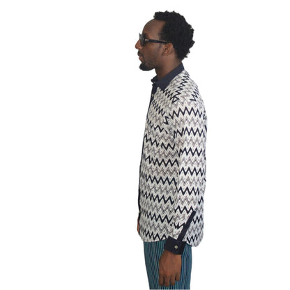 Black and White Mesh Zigzag Patterned Men's Shirt