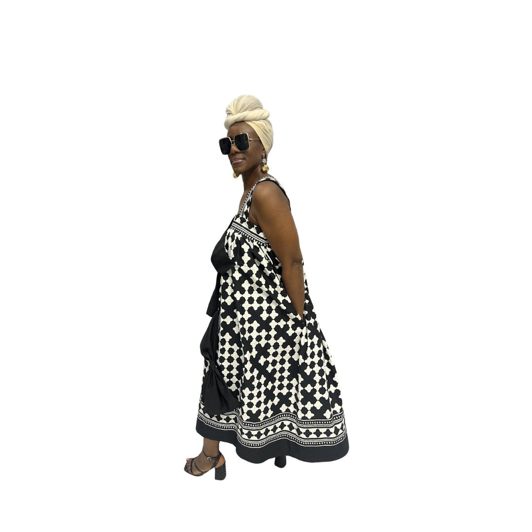 Black and White Bow Flared Maxi Dress