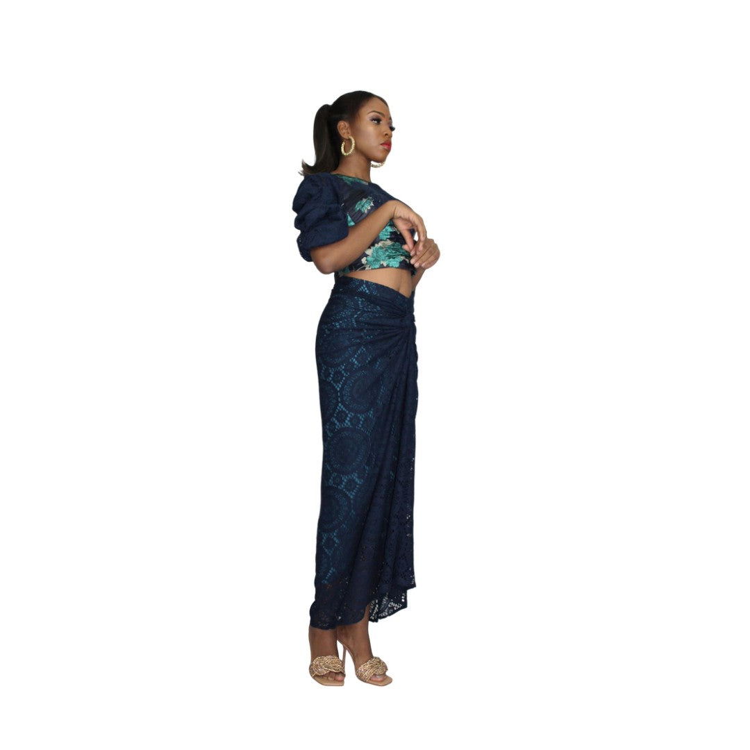 Damask Lace Crop Top and Ruched Lace Skirt, Lace Skirt, Jacquard Top