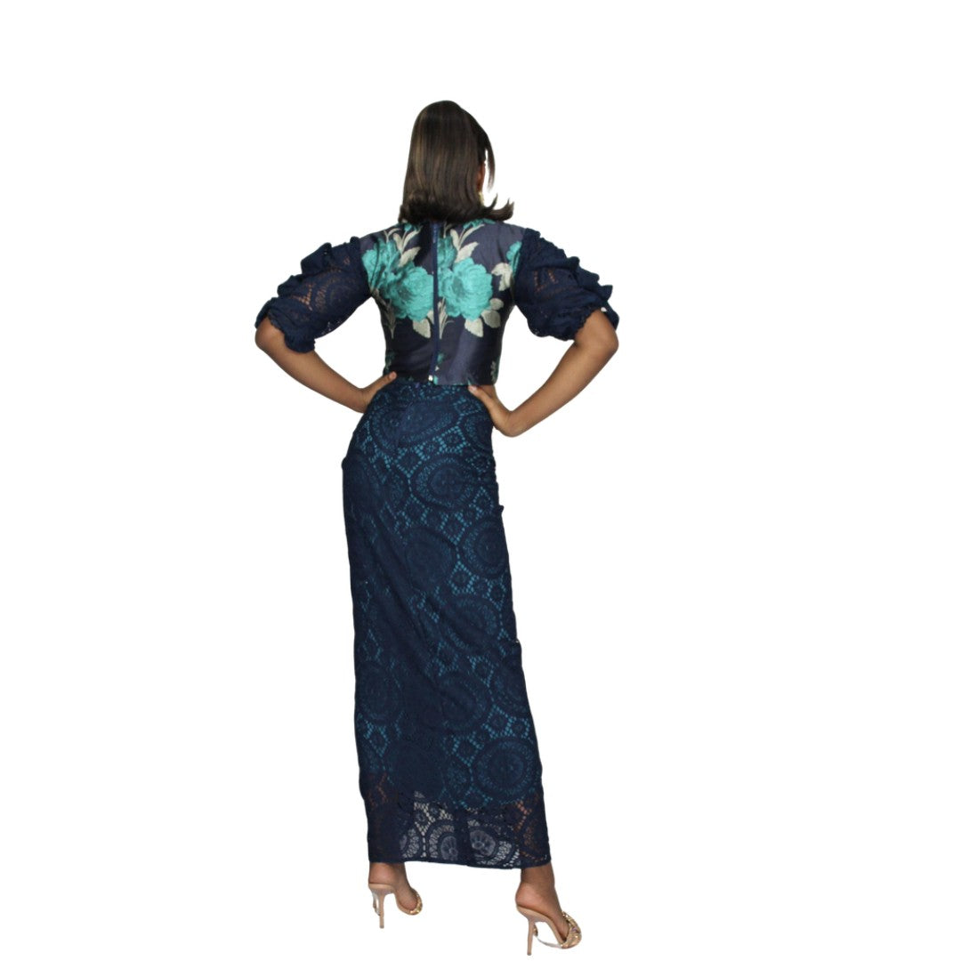 Damask Lace Crop Top and Ruched Lace Skirt, Lace Skirt, Jacquard Top
