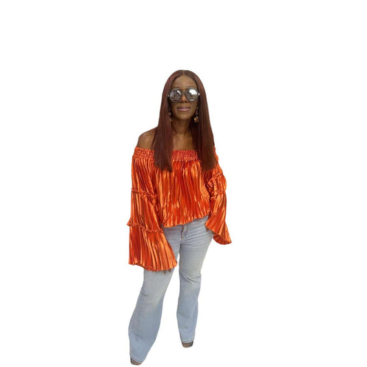 Orange Off the shoulder Pleated Silk Top, Off Shoulder Top, Pleated Top