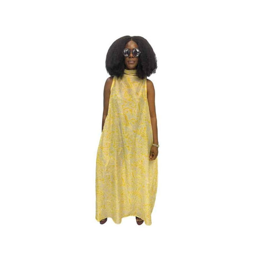 Patterned Light Yellow thin Chiffon Fit and Flared Maxi Dress
