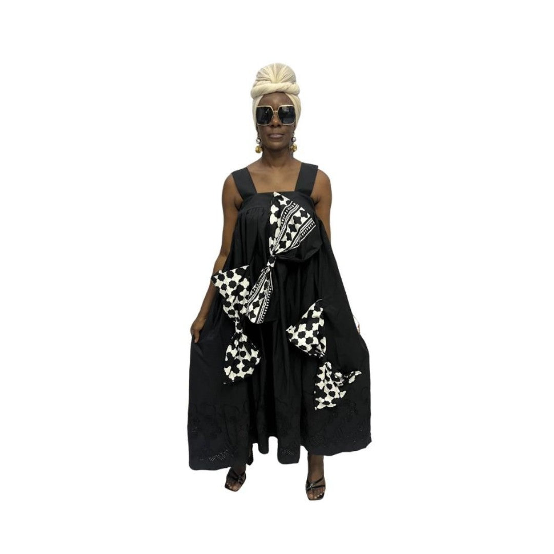 Black and White Bow Flared Maxi Dress