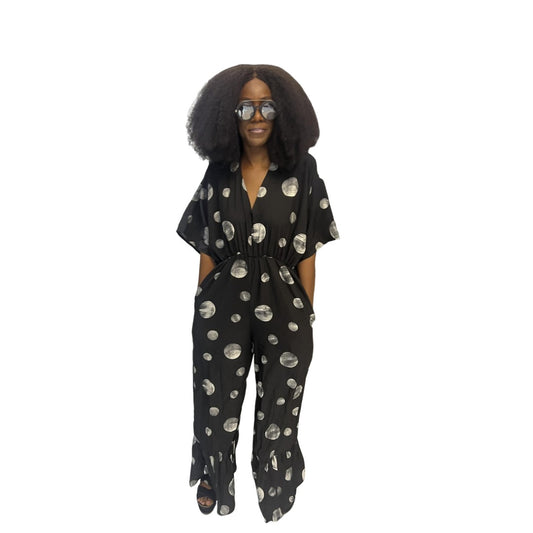 Black Chiffon Flared Jumpsuit, Wide Leg Flared Jumpsuit