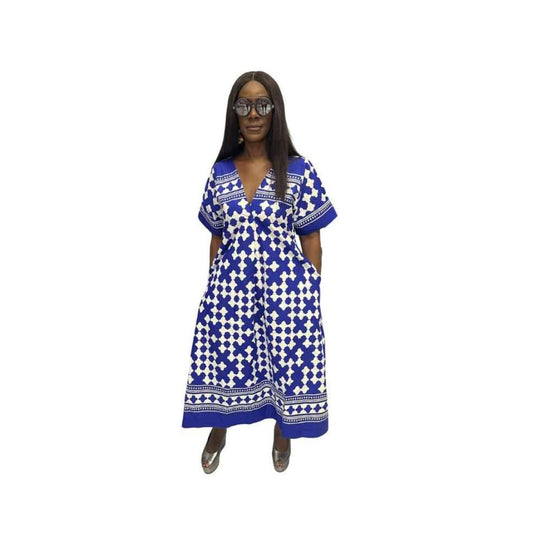 Blue and White Flared Maxi Dress