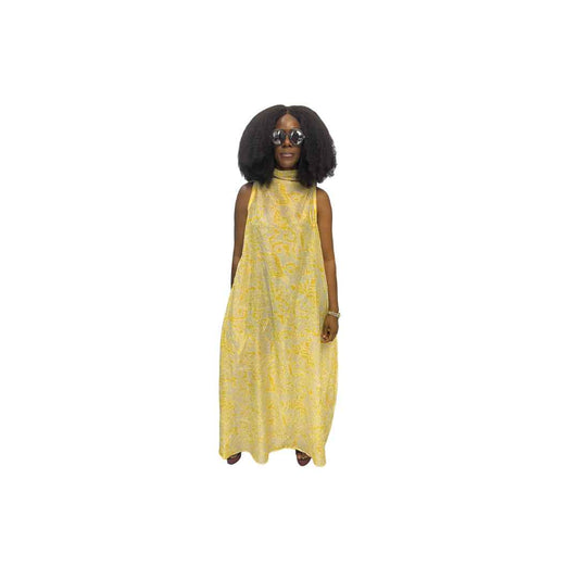Patterned Light Yellow thin Chiffon Fit and Flared Maxi Dress