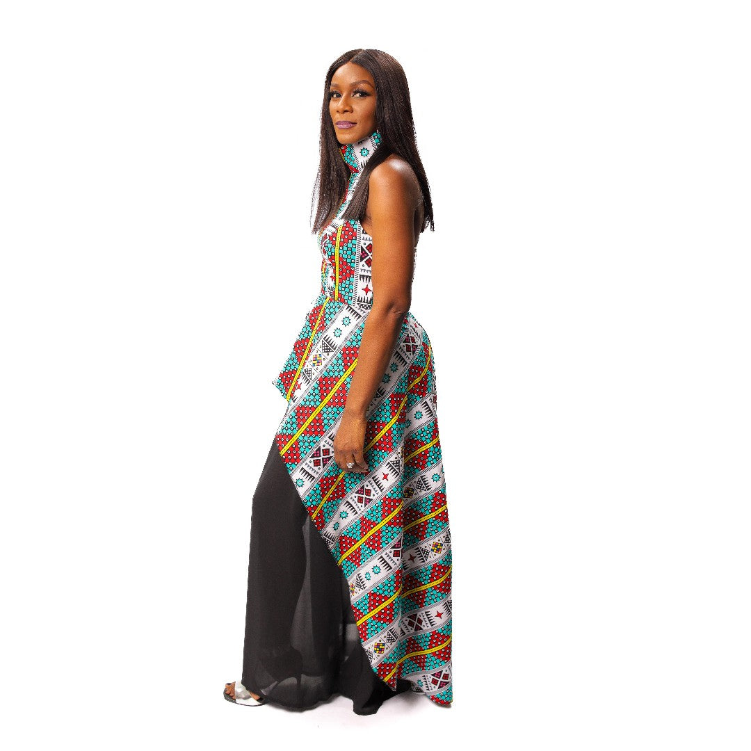 Ankara and Chiffon Mix Halter Neck Dress, African Print Halter Neck Dress, Ankara Maxi Dress