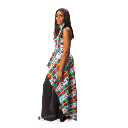 Ankara and Chiffon Mix Halter Neck Dress, African Print Halter Neck Dress, Ankara Maxi Dress