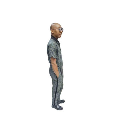 Green Animal Print Mix Mens Jumpsuit with roll up sleeves