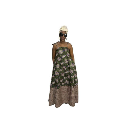 Green and Brown Sleeveless Maxi Summer Dress